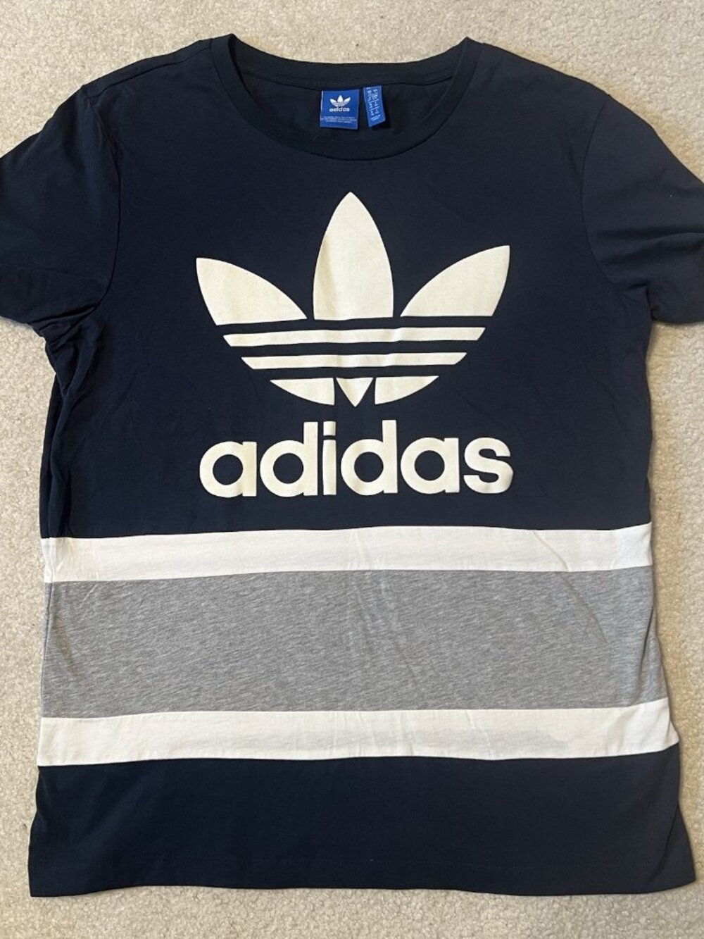Adidas Originals Women Small Shirt Black Trefoil Flocked Spell Out Long Sleeve